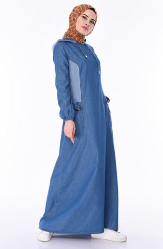 فستان جينز بتصميم موصول بقبعة 4007-01 لون أزرق جينز 4007-01