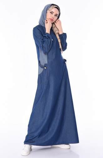 فستان جينز بتصميم موصول بقبعة 4007-02 لون كحلي 4007-02