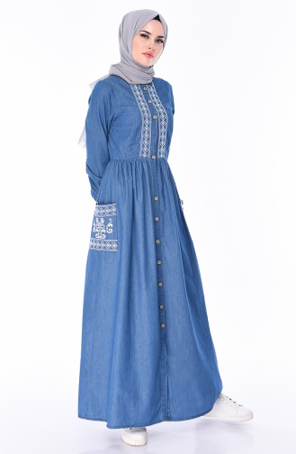 Nakışlı Kot Elbise 4033-02 Kot Mavi 4033-02