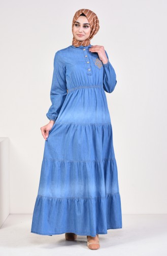 Büzgülü Kot Elbise 4035-02 Kot Mavi