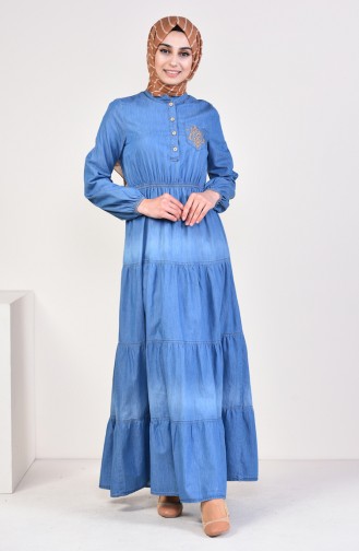 فستان جينز بتصميم كشكش 4035-02 لون أزرق جينز 4035-02