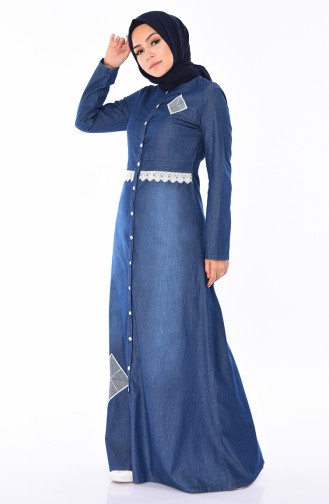 Lace Detail Button Jeans Dress 4045-01 Navy Blue 4045-01