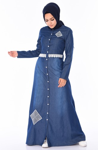 Lace Detail Button Jeans Dress 4045-01 Navy Blue 4045-01