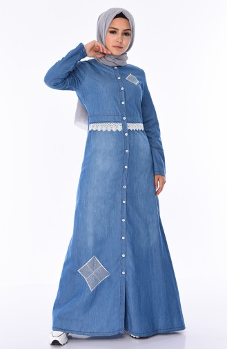 Dantel Detaylı Düğmeli Kot Elbise 4045-02 Kot Mavi