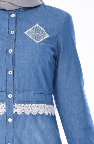 Spitze detaillierte geknöpfte Jeans Kleid 4045-02 Jeansblau 4045-02