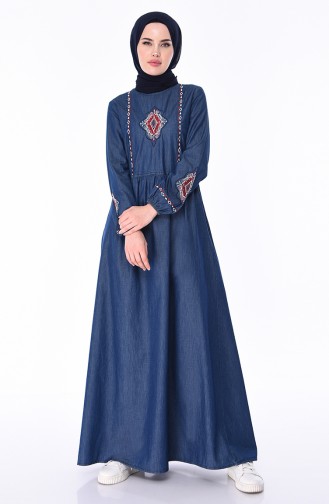 Besticktes Jeans Kleid mit Tasche 4046-01 Dunkelblau 4046-01