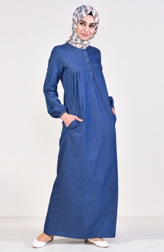 فستان جينز بتفاصيل كسرات 5166-01 لون كحلي 5166-01