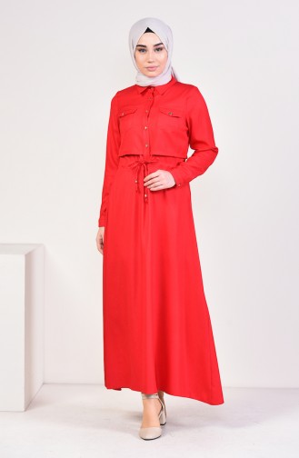 Önü Düğmeli Elbise 18006-07 Kırmızı
