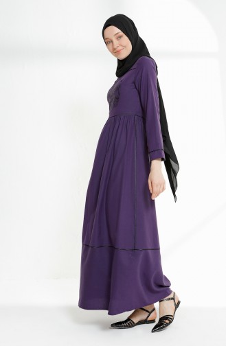 فستان مُطبع مُزين بتفاصيل من الأشرطة  9020-03 لون بنفسجي 9020-03