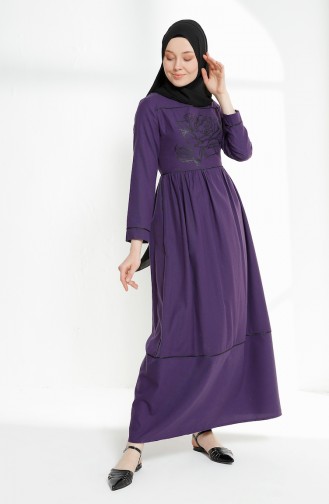 فستان مُطبع مُزين بتفاصيل من الأشرطة  9020-03 لون بنفسجي 9020-03