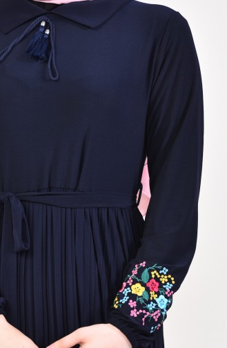 Embroidered Sleeve Pleated Dress 9023-02 Navy Blue 9023-02
