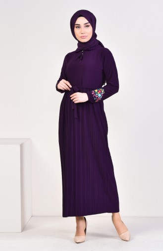 Embroidered Sleeve Pleated Dress 9023-03 Purple 9023-03