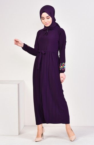 Embroidered Sleeve Pleated Dress 9023-03 Purple 9023-03
