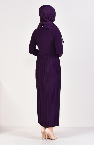 Embroidered Sleeve Pleated Dress 9023-03 Purple 9023-03