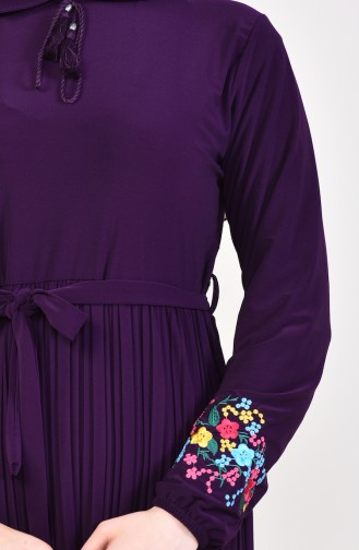 Embroidered Sleeve Pleated Dress 9023-03 Purple 9023-03