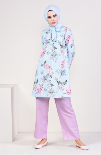 Floral Patterned Tunic 1049-03 Blue Fuchsia 1049-03