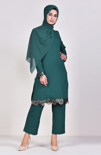 Lace Detailed Tunic Pants Binary Suit 4121-02 Emerald Green 4121-02