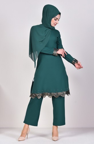 Lace Detailed Tunic Pants Binary Suit 4121-02 Emerald Green 4121-02