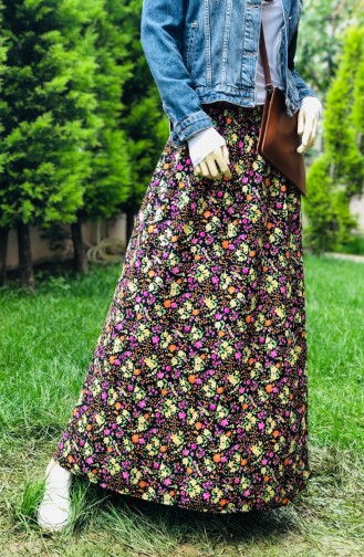 Floral Patterned Cotton Skirt 52898-01 Black Yellow 52898-01