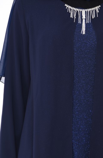 فستان سهر بتفاصيل لامعة بمقاسات كبيرة 1052-04 لون كحلي 1052-04