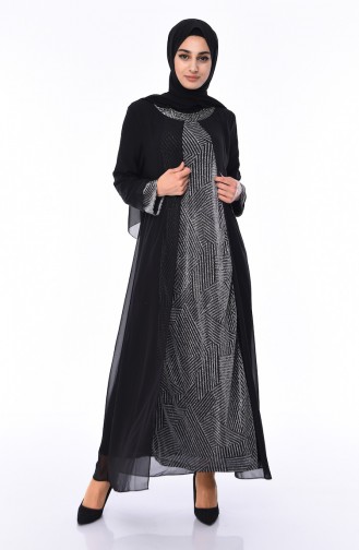 Plus Size Stone Detailed Evening Dress 5077-02 Black 5077-02