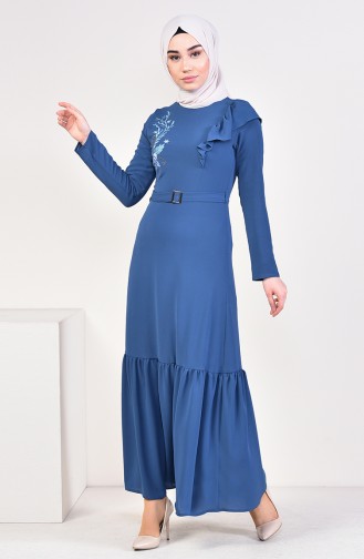 Embroidered Belted Dress 1190-02 İndigo 1190-02