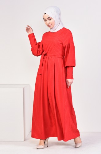 Balon Kol Kuşaklı Elbise 12864-02 Kırmızı