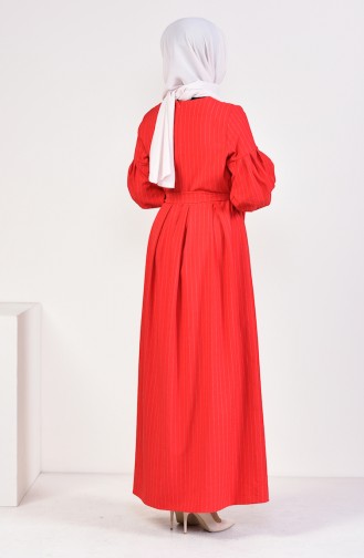 Balon Kol Kuşaklı Elbise 12864-02 Kırmızı