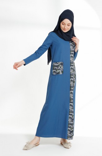 فستان مُطبع بتفاصيل جيوب 3084-03 لون نيلي 3084-03