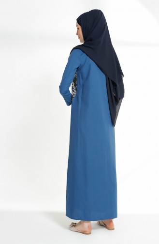 فستان مُطبع بتفاصيل جيوب 3084-03 لون نيلي 3084-03
