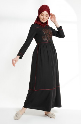 فستان مُطبع مُزين بتفاصيل من الأشرطة  9020-09 لون أسود 9020-09