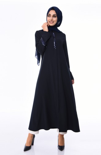 Abaya a Fermeture Détail Paillettes 1040A-02 Bleu Marine 1040A-02