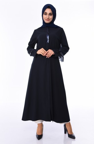 Abaya a Fermeture Détail Paillettes 1040A-02 Bleu Marine 1040A-02