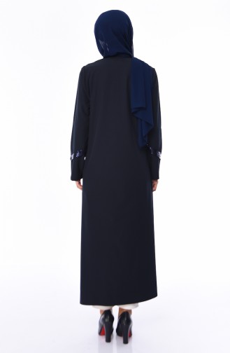 Abaya a Fermeture Détail Paillettes 1040A-02 Bleu Marine 1040A-02