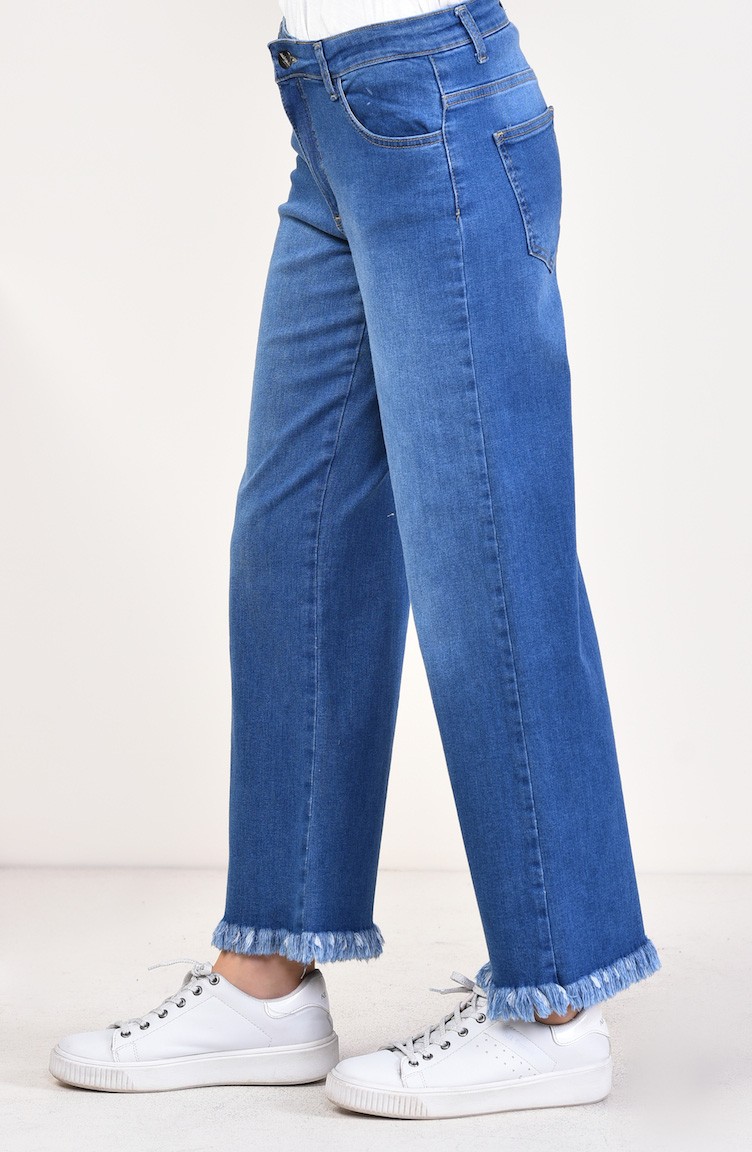 Saçaklı Bol Paça Kot Pantolon 2532-02 Lacivert
