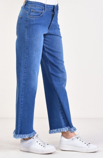 Saçaklı Bol Paça Kot Pantolon 2532-02 Lacivert