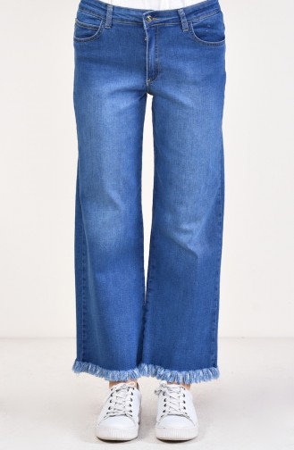 Saçaklı Bol Paça Kot Pantolon 2532-02 Lacivert
