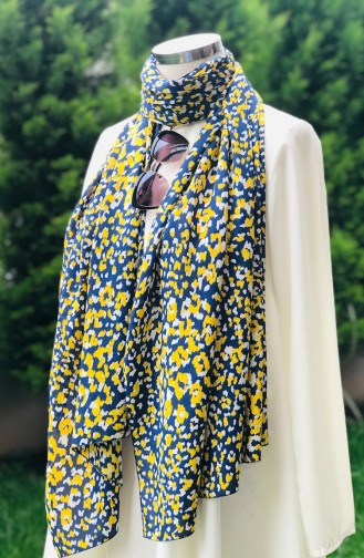 Patterned Crepe Shawl  53049-01 Navy Blue Yellow 53049-01