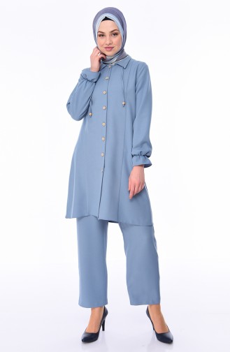 Düğmeli Tunik Pantolon İkili Takım 5472-02 Mavi