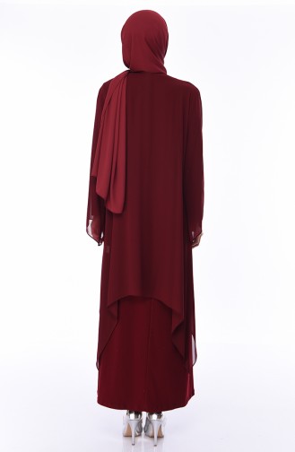 طقم فستان و كاب شيفون بتصميم مُطبع بأحجار لامعة و بمقاسات كبيرة 2328-03 لون خمري 2328-03