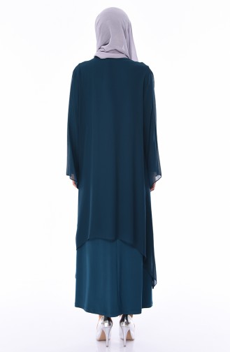 طقم فستان و كاب شيفون بتصميم مُطبع بأحجار لامعة و بمقاسات كبيرة 2328 A-01 لون أخضر زمردي 2328A-01