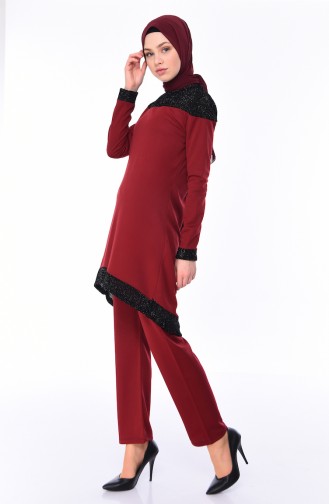Silvery Garnished Tunic Pants Binary Suit 9024-04 Claret Red 9024-04