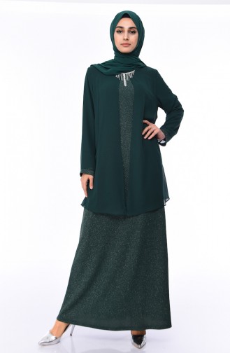 Large Size Silvery Evening Dress 1052-02 Emerald Green 1052-02
