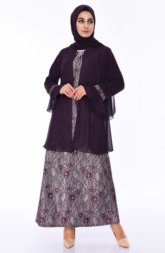 Plus Size Brooch Silvery Evening Dress 3037-03 Purple 3037-03