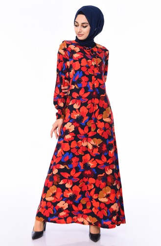 فستان فيسكوز بتصميم أكمام مزمومة 0536-01 لون أحمر و كحلي 0536-01