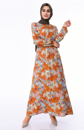 فستان فيسكوز  بتصميم أكمام مزمومة 0539-02 لون عسلي 0539-02