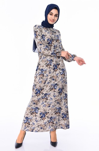 فستان فيسكوز  بتصميم أكمام مزمومة  0542-01 لون أزرق و بني مائل للرمادي 0542-01