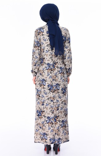 فستان فيسكوز  بتصميم أكمام مزمومة  0542-01 لون أزرق و بني مائل للرمادي 0542-01