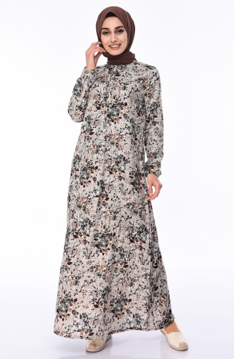 فستان فيسكوز  بتصميم أكمام مزمومة  0542-02 لون بني مائل للرمادي و أخضر 0542-02