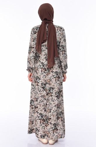 فستان فيسكوز  بتصميم أكمام مزمومة  0542-02 لون بني مائل للرمادي و أخضر 0542-02